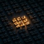 Tilt-shift miniature of a dark open-plan office at night with hundreds of desks, one cluster lit and working together while the rest stay dark