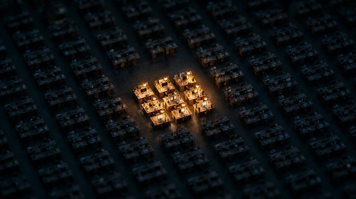 Your AI Tools Were Assessed One at a Time. Nobody Assessed Them Together. Tilt-shift miniature of a dark open-plan office at night with hundreds of desks, one cluster lit and working together while the rest stay dark
