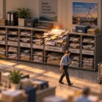 Tilt-shift miniature of a government mailroom with an unopened flagged envelope in the public enquiries tray and a small robot leaving a server room.