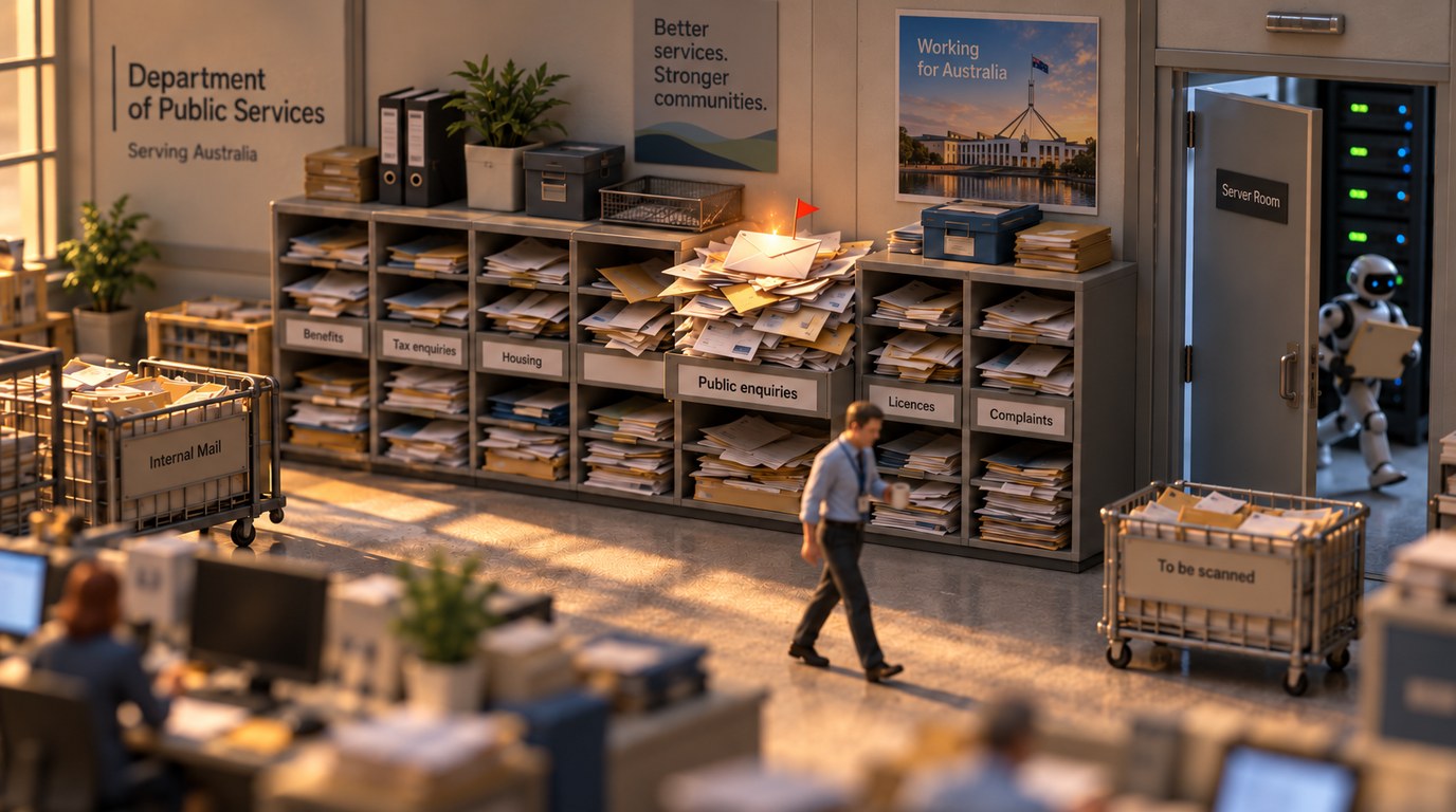 OpenAI's Medicare Breach: What It Means for Australian Businesses Using AI Agents Tilt-shift miniature of a government mailroom with an unopened flagged envelope in the public enquiries tray and a small robot leaving a server room.