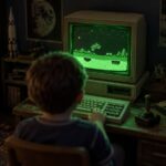 A boy at a desk in a dim 1980s bedroom playing a moon-buggy game on a beige PC with a glowing green-screen monitor, surrounded by space posters, a joystick and floppy disks