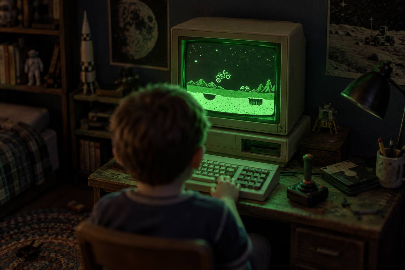 Five Tech Eras in Forty Years: Why AI Feels Different, and What Leaders Can Actually Control A boy at a desk in a dim 1980s bedroom playing a moon-buggy game on a beige PC with a glowing green-screen monitor, surrounded by space posters, a joystick and floppy disks