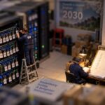 Tilt-shift miniature of a server room where technicians tag and log every cable and certificate into a ledger, beneath a calendar turned to December 2026, while a faded 2030 banner hangs ignored at the back