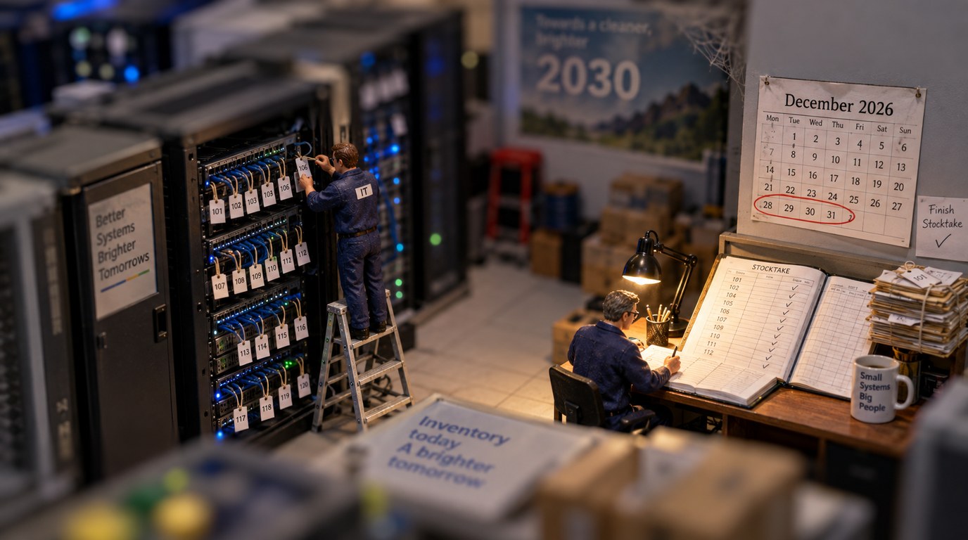 Everyone Heard 2030. The First Post-Quantum Milestone Is the End of 2026. Tilt-shift miniature of a server room where technicians tag and log every cable and certificate into a ledger, beneath a calendar turned to December 2026, while a faded 2030 banner hangs ignored at the back
