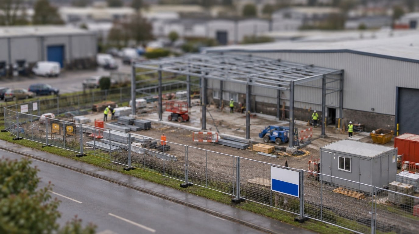 What Is a Principal Contractor? The WHS Duty You Hold Until You Hand It Over Tilt shift view of a partly built steel frame extension on the side of a warehouse, behind temporary fencing with a blank site sign board facing the road