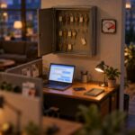 Tilt-shift miniature of an office key cabinet with one key missing, a laptop and company card on the desk, and a usage meter in the red.