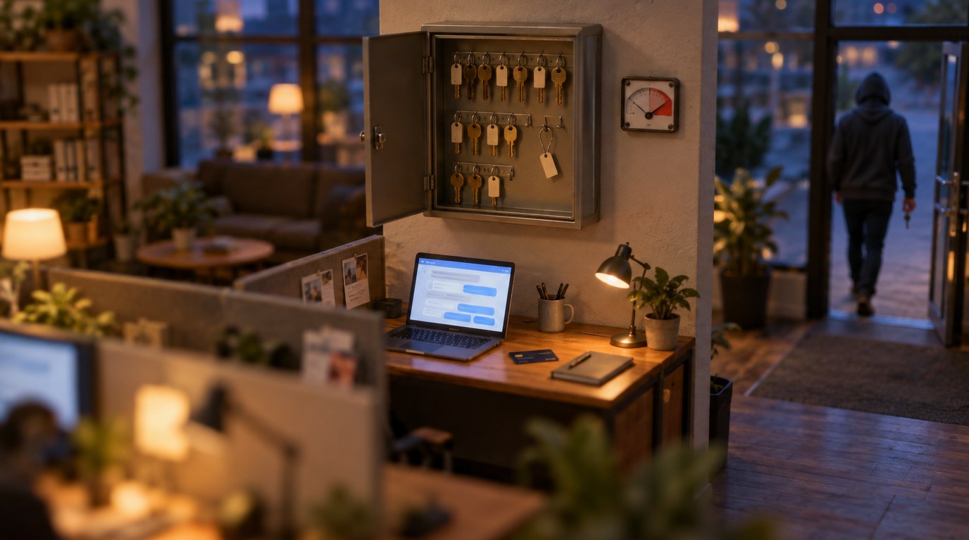 Tilt-shift miniature of an office key cabinet with one key missing, a laptop and company card on the desk, and a usage meter in the red.