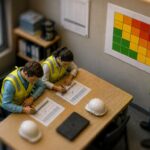 Tilt-shift miniature of a site office meeting room where two people score the same risk assessment differently while a colleague studies a five-by-five risk matrix on the wall