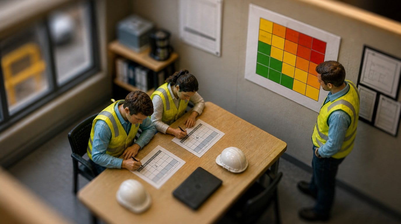 Your Risk Matrix Has Numbers. Who Decided What They Mean? Tilt-shift miniature of a site office meeting room where two people score the same risk assessment differently while a colleague studies a five-by-five risk matrix on the wall