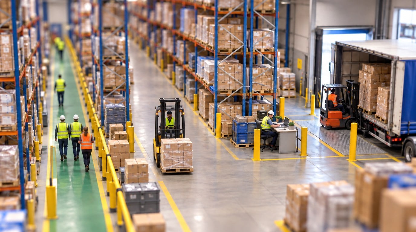 Tilt-shift miniature of an Australian warehouse showing a forklift aisle separated from a marked pedestrian walkway by bollards and guard rail