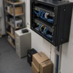 Tilt shift view of a wall mounted network rack in a small office comms room, with a paper calendar hanging beside it and one date circled in red