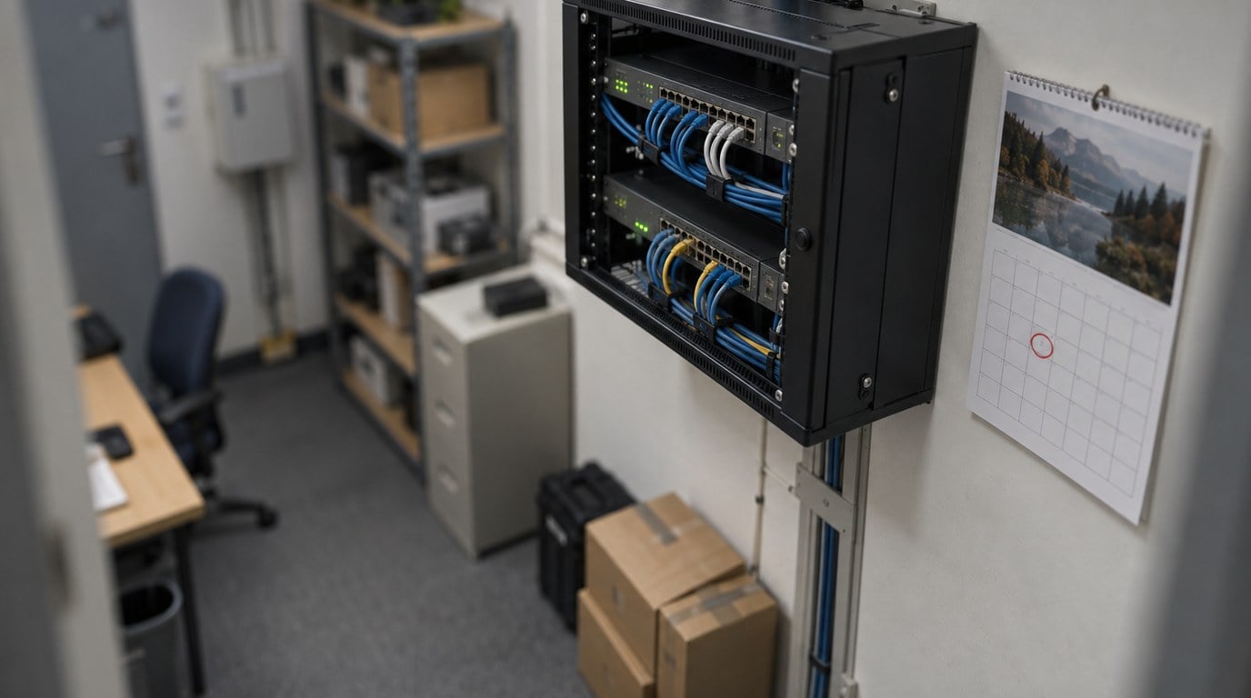 TLS Certificates Drop to 100 Days in March 2027. Can Your Asset Register List Them? Tilt shift view of a wall mounted network rack in a small office comms room, with a paper calendar hanging beside it and one date circled in red