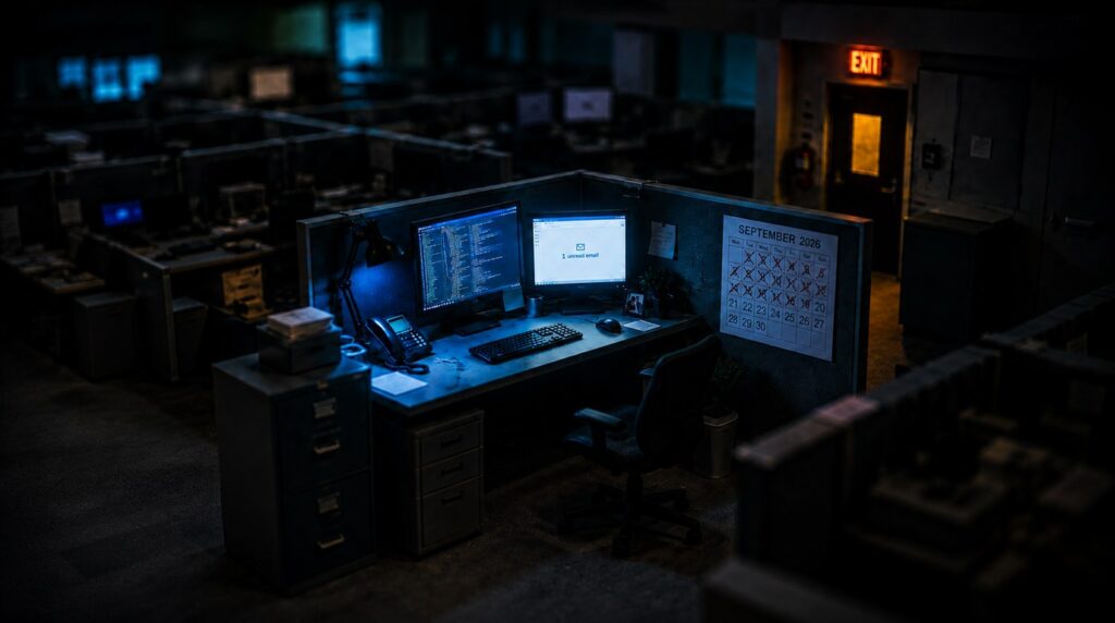 Tilt-shift miniature of a darkened open-plan office at night, one desk lit by two monitors showing a wall of server log lines and an email client with a single unread message, the chair pushed back and empty, and a wall calendar with weeks crossed off in red