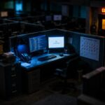 Tilt-shift miniature of a darkened open-plan office at night, one desk lit by two monitors showing a wall of server log lines and an email client with a single unread message, the chair pushed back and empty, and a wall calendar with weeks crossed off in red