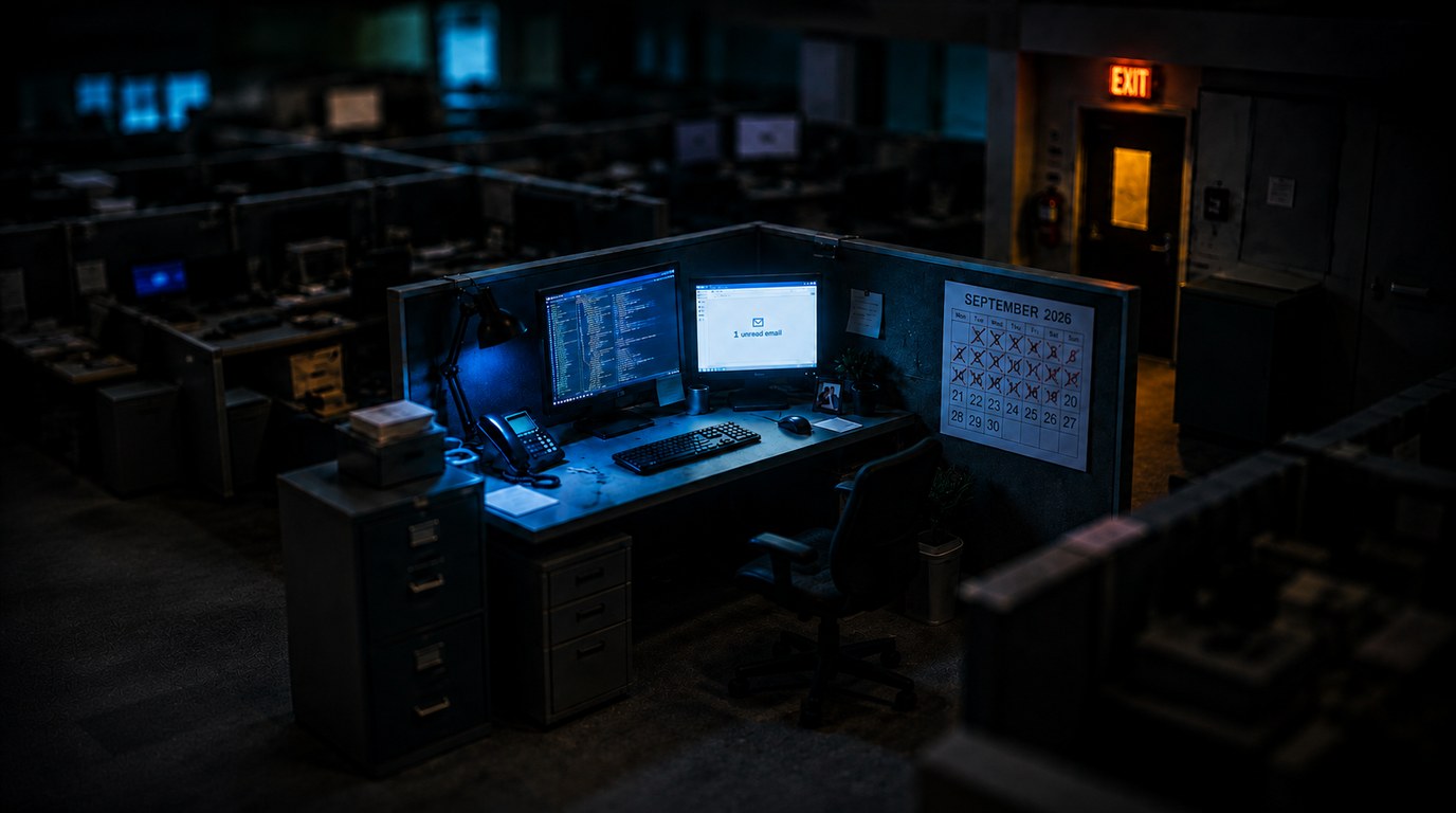 The Patch Was Published on 6 August. Mathspace Applied It on 29 August. The Breach Was on the 10th. Tilt-shift miniature of a darkened open-plan office at night, one desk lit by two monitors showing a wall of server log lines and an email client with a single unread message, the chair pushed back and empty, and a wall calendar with weeks crossed off in red