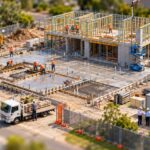 Tilt-shift miniature view of an Australian construction site with several separate work crews, illustrating multiple PCBUs sharing a workplace
