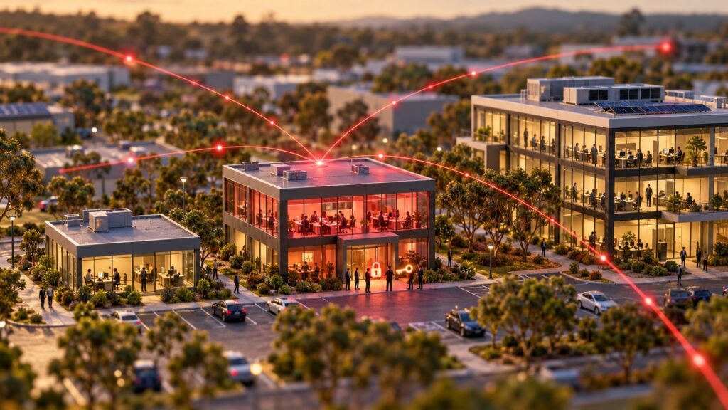 Tilt-shift miniature of three office buildings, with red lines converging on the medium-sized one