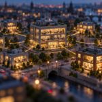 Tilt-shift miniature of a city head office at dusk with glowing lines running to a ring of smaller satellite offices, one of them not connected