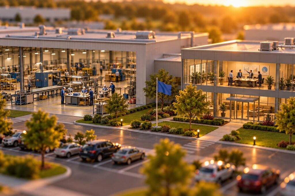 Tilt-shift miniature of a manufacturing campus where tiny workers inspect products on a factory floor while managers review charts in the adjoining office