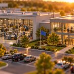 Tilt-shift miniature of a manufacturing campus where tiny workers inspect products on a factory floor while managers review charts in the adjoining office