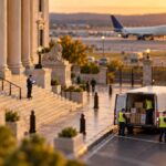 Tilt-shift miniature of a courthouse forecourt with a courier van loading sealed archive boxes and a cargo plane taxiing on a runway in the background