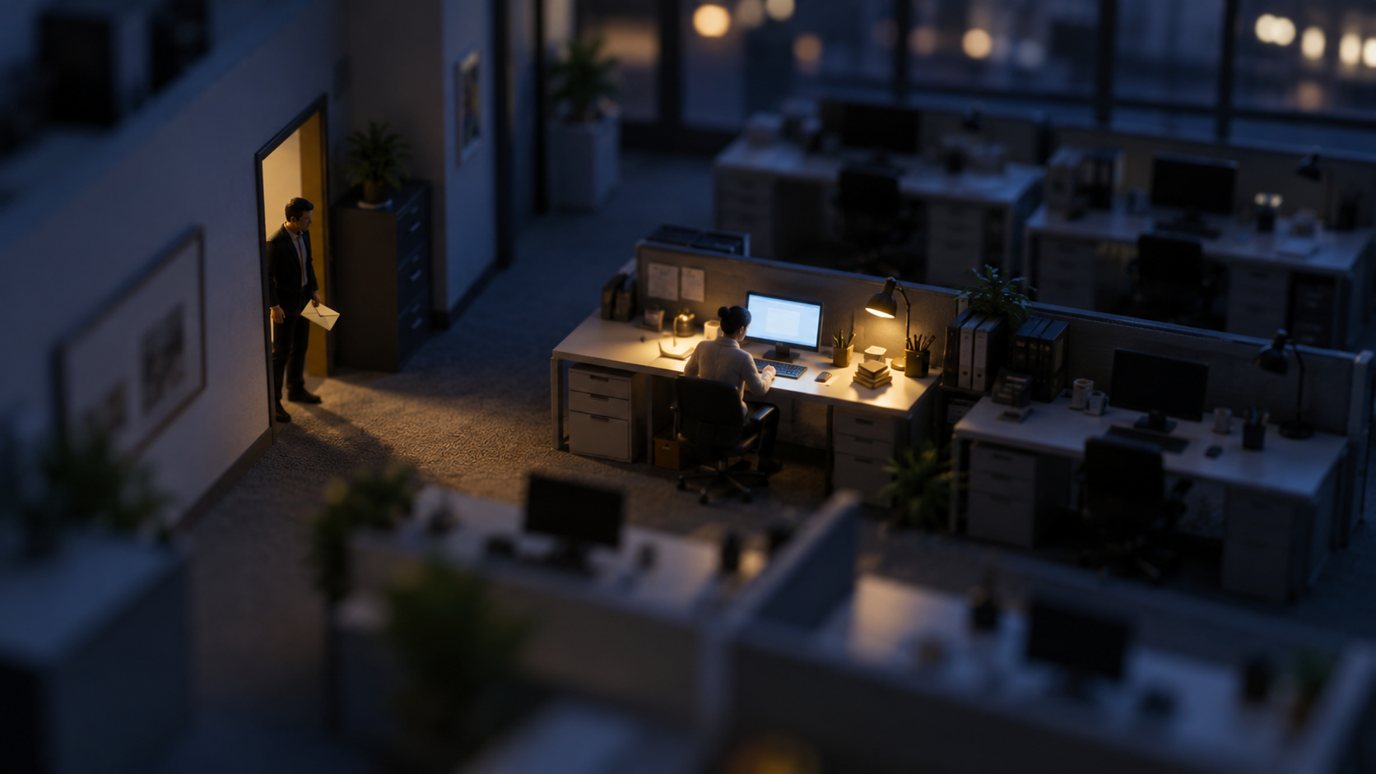 Tilt-shift miniature of an office at night, one figure at a lit desk and another in the doorway holding an envelope