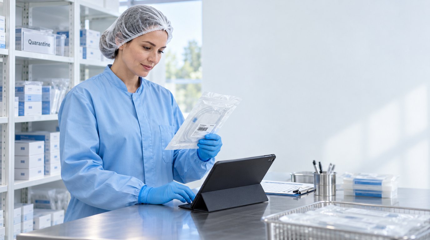 ISO 13485 Consulting, Internal Audits and Mentoring for Medical Device Businesses Quality professional checking a barcoded sterile device pack against a batch record on a tablet in a clean medical device facility