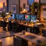 Tilt-shift miniature of an office operations desk with alert screens and a figure pinning a reviewed alert to a corkboard