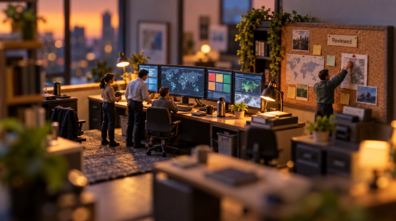 ISO 27001 Threat Intelligence (Annex A 5.7): Turning ASD Alerts and Your Security Tools into Audit Evidence Tilt-shift miniature of an office operations desk with alert screens and a figure pinning a reviewed alert to a corkboard