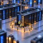 Tilt-shift miniature of a data centre floor where tiny technicians inspect a glowing server rack inside a lit safety barrier