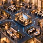 Tilt-shift miniature of an office floor laid out like a circuit board, with small teams at desks connected by glowing pathways to a central glass control room