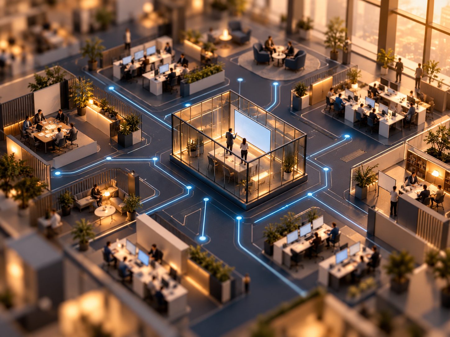 ISO 42001 Requirements: What the Standard Asks For and How to Implement It Tilt-shift miniature of an office floor laid out like a circuit board, with small teams at desks connected by glowing pathways to a central glass control room