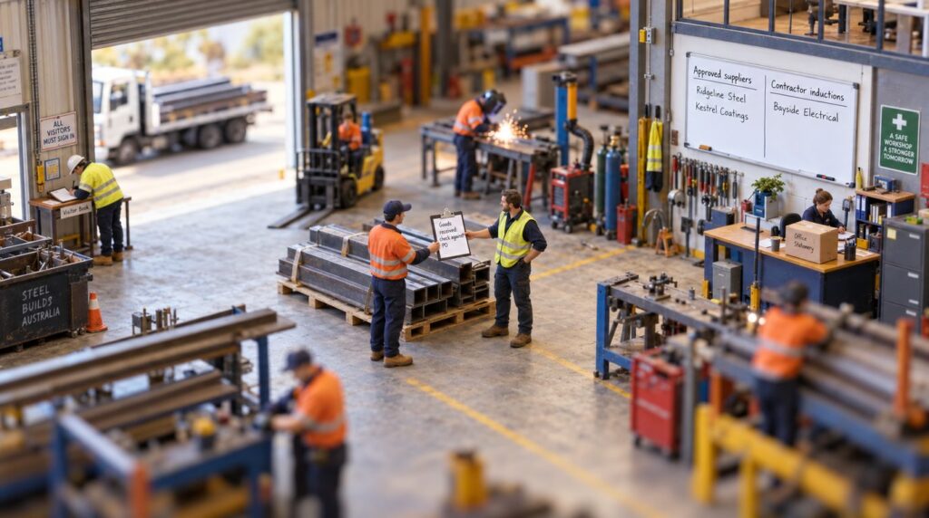 Workshop supervisor checking a steel delivery against a purchase order while a contractor in hi-vis signs in, with an approved suppliers and contractor inductions whiteboard on the wall