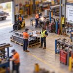 Workshop supervisor checking a steel delivery against a purchase order while a contractor in hi-vis signs in, with an approved suppliers and contractor inductions whiteboard on the wall