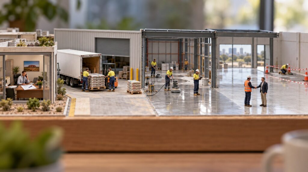 Tilt-shift miniature of an Australian business laid out as one workflow: a sales office, a truck unloading at a warehouse, a crew polishing a concrete floor, and a client shaking hands with a supervisor beside the finished work.