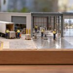 Tilt-shift miniature of an Australian business laid out as one workflow: a sales office, a truck unloading at a warehouse, a crew polishing a concrete floor, and a client shaking hands with a supervisor beside the finished work.