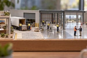 Tilt-shift miniature of an Australian business laid out as one workflow: a sales office, a truck unloading at a warehouse, a crew polishing a concrete floor, and a client shaking hands with a supervisor beside the finished work.