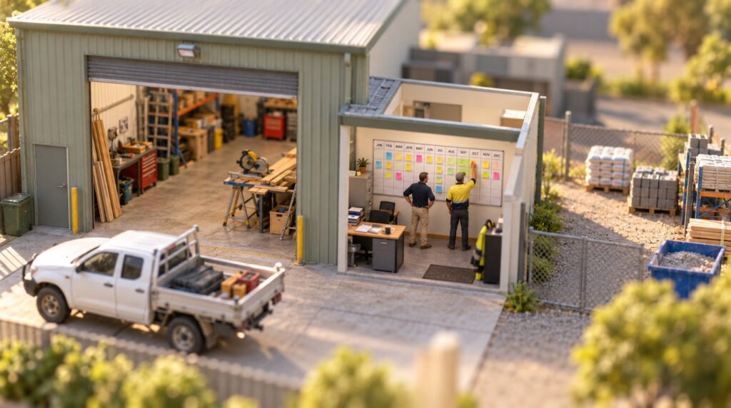 Tilt-shift miniature of a small trade business with a ute parked out the front, where two workers tick off coloured notes on a year planner in the site office.