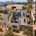 Tilt-shift miniature of an Australian business seen at three zoom levels: a town of offices, a warehouse and a job site, a sales desk handing a folder to operations, and a worker recording a screen video