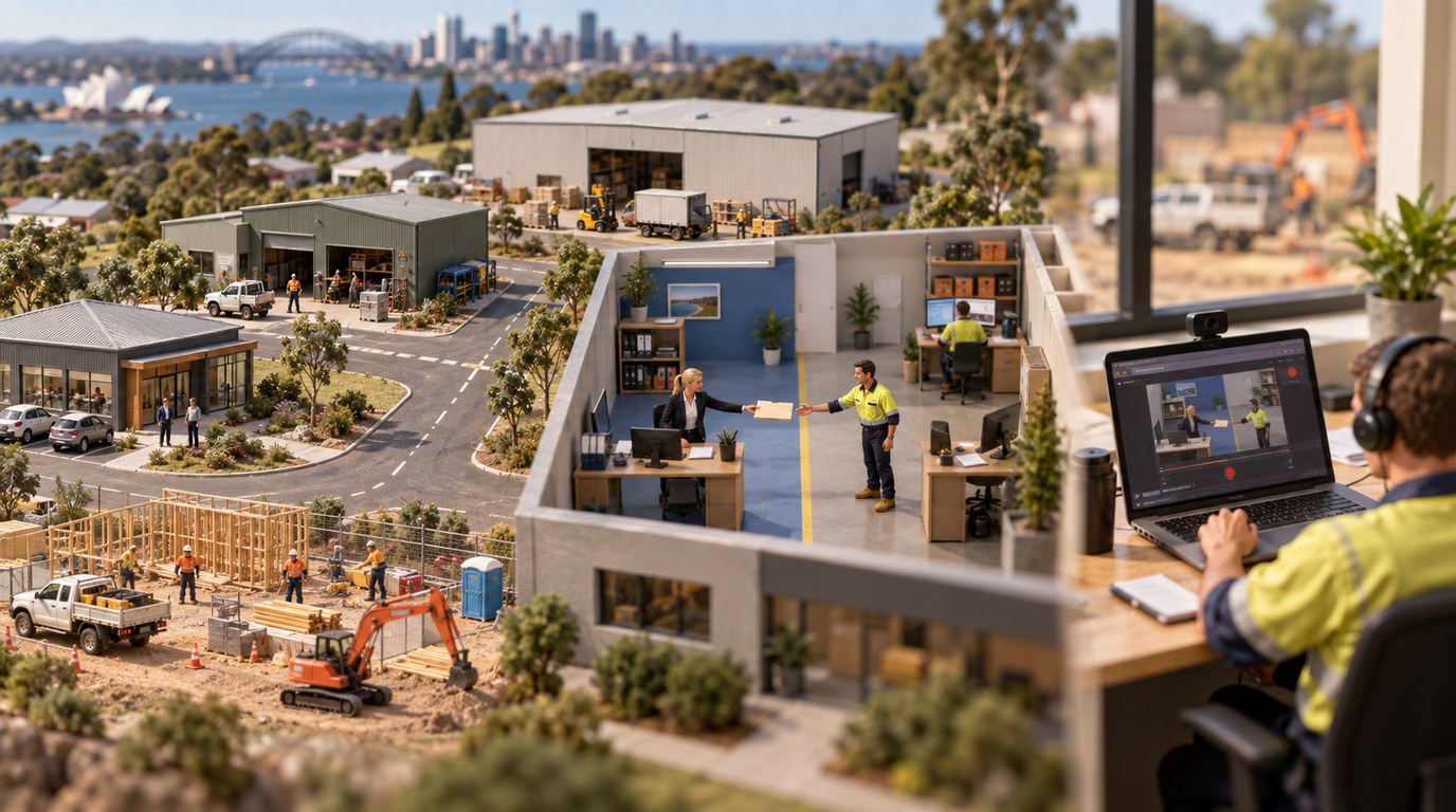 ISO Clause 4.4 and the Process Approach: Map Your Business Like Google Maps Tilt-shift miniature of an Australian business seen at three zoom levels: a town of offices, a warehouse and a job site, a sales desk handing a folder to operations, and a worker recording a screen video
