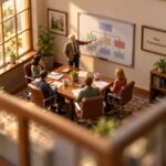 Tilt-shift miniature of a meeting room with a senior figure at the head of the table pointing to a wall chart of connected boxes