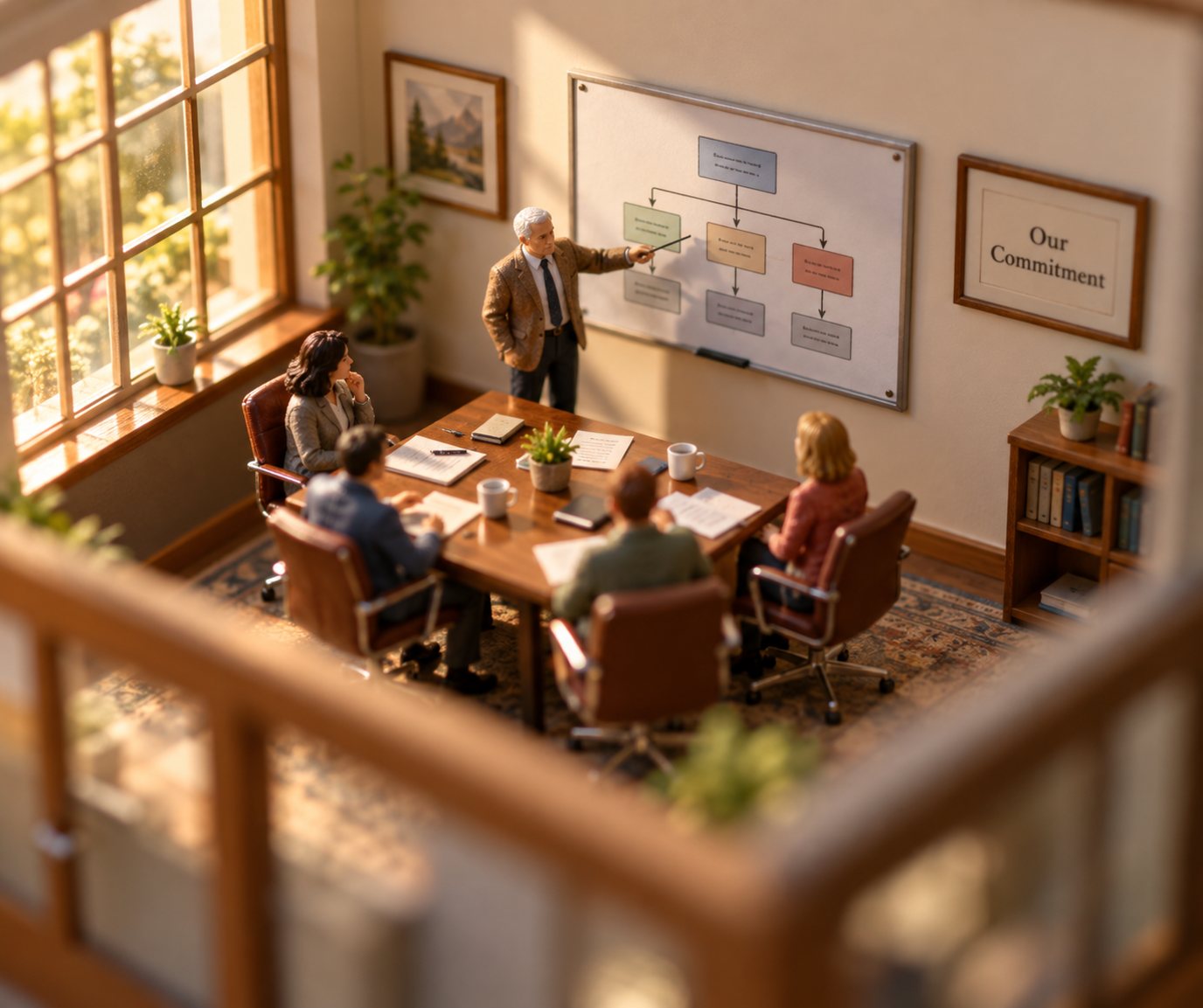 ISO Clause 5.1 Leadership and Commitment: No Document Required, Plenty Expected Tilt-shift miniature of a meeting room with a senior figure at the head of the table pointing to a wall chart of connected boxes