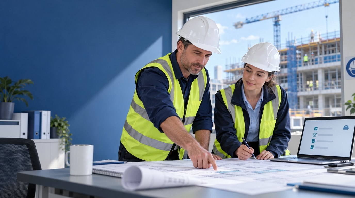 Principal contractor and safety manager reviewing a site safety plan in a construction site office, with scaffolding and a crane through the window