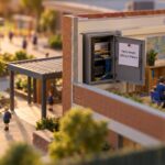 Tilt-shift miniature of a school campus with an open comms cabinet in one classroom block and a patch notice pinned to its door