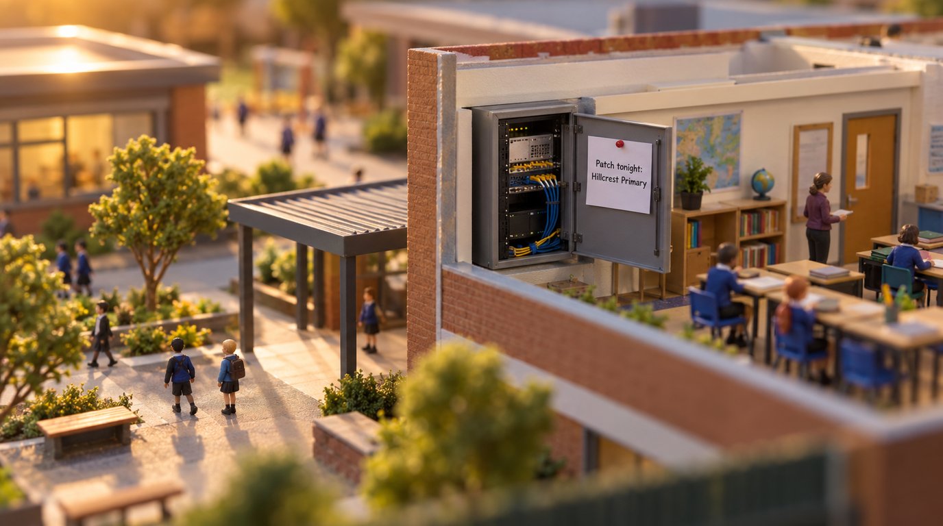 The Patch Directive Went Out the Same Day. Not Every School Applied It. Tilt-shift miniature of a school campus with an open comms cabinet in one classroom block and a patch notice pinned to its door