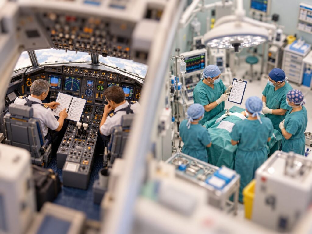 Tilt-shift miniature of a small aircraft cockpit crew and a surgical team working through printed checklists side by side