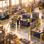 Tilt-shift miniature of a factory floor where workers move between stations, with guard rails, clear markings and a supervisor adjusting a workstation layout