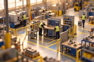 Tilt-shift miniature of a factory floor where workers move between stations, with guard rails, clear markings and a supervisor adjusting a workstation layout
