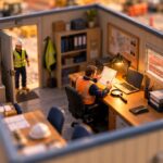 Tilt-shift miniature of a site office where a figure holds a training certificate up to a lamp while a worker in hi-vis waits at the door