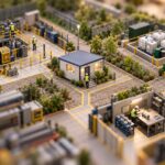 Tilt-shift miniature of an industrial site with a safety zone, an environmental storage area and a quality inspection bench, all linked by walkways to a central site office